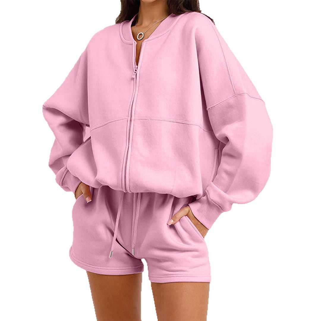 Damen nan zweiteiliges Sweat-Set mit oversized Reißverschluss-Jacke und elastischer Highwaist-Shorts EB