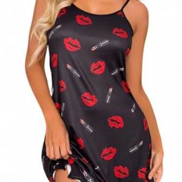 Damen Nachtkleid mit Lippen- und Lippenstift-Muster EB