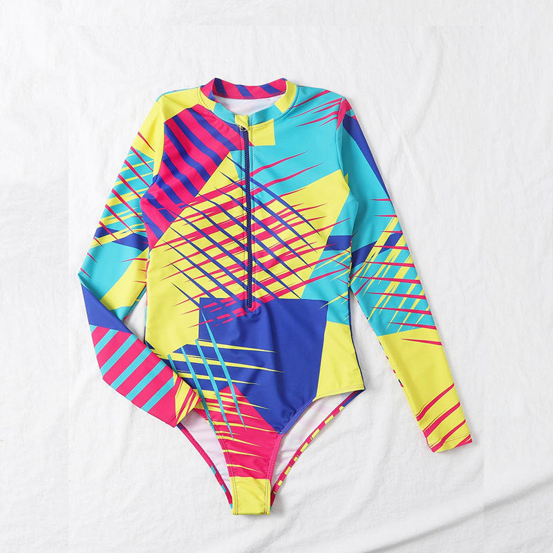 Damen Langärmliger Badeanzug mit Reißverschluss und trendigem geometrischem Design EB
