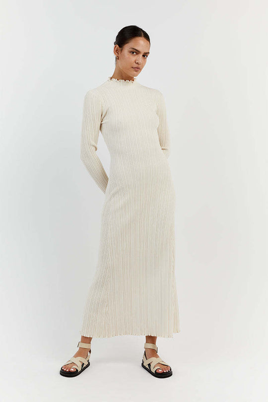 Damen Elegantes Maxikleid mit strukturiertem Rippdesign und femininem Kragen EB