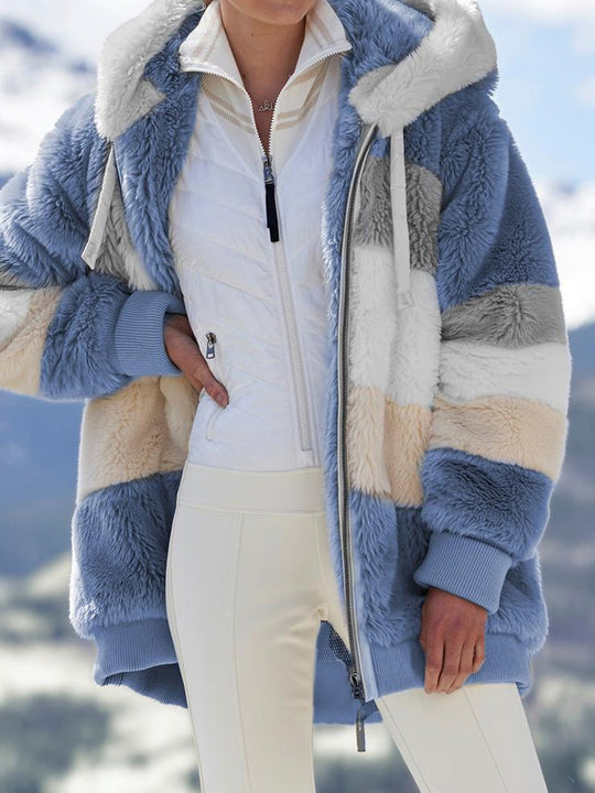 Damen nan oversized Kapuzenjacke aus Kunstfell mit Colourblock-Design, Zweiwege-Reißverschluss und Rippbündchen EB