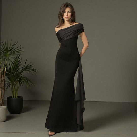Damen Langarm Maxikleid mit asymmetrischem Schnitt und dekorativen Drapierungen EB