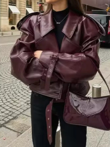 Damen Trendige Oversized jacke mit strukturierten Schulterpolstern und Taillengürtel EB