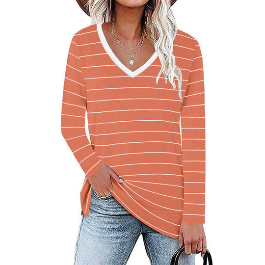 Damen V-Ausschnitt Langarmshirt mit Streifenmuster und seitlichen Schlitzen EB