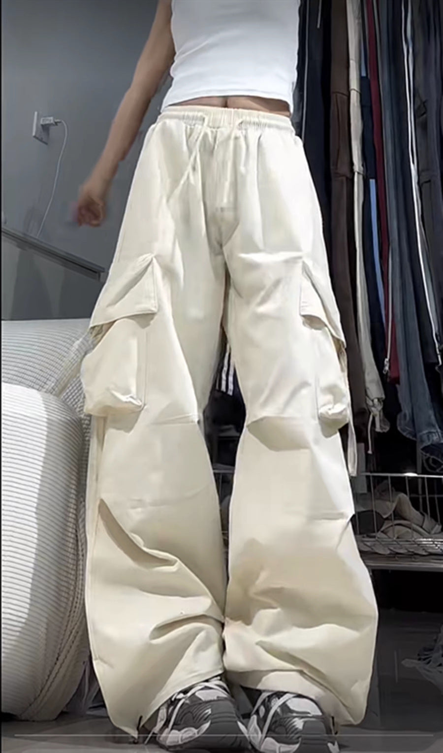 Damen nan ultraleichte Freizeit-Hose mit hohem Elastikbund, Kordelzug und verstellbarem Beinabschluss EB