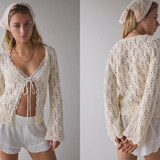 Damen luftiger Häkelstrick-Cardigan EB