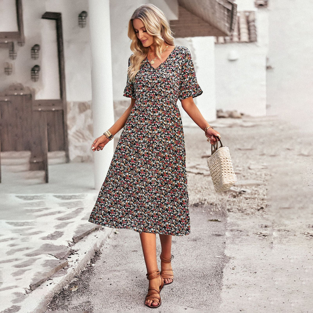 Damen Midi-Kleid mit Floralem Muster und Verspieltem V-Ausschnitt EB