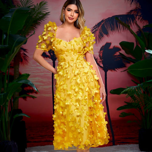 Damen Rüschenmaxikleid mit floralen Applikationen und Puffed-Ärmeln EB