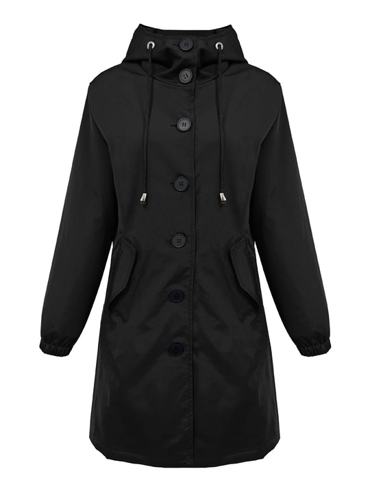 Damen nan leichter Regenparka mit Kapuze, überlanger Knopfleiste, Tunnelzug und aufgesetzten Taschen EB