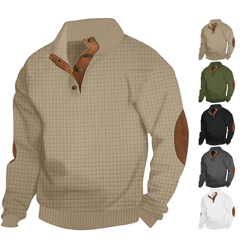 Herren nan waffelstruktur-Troyer mit Stehkragen Druckknopf-Leiste und Nappaleder-Ellenbogenpatches EB