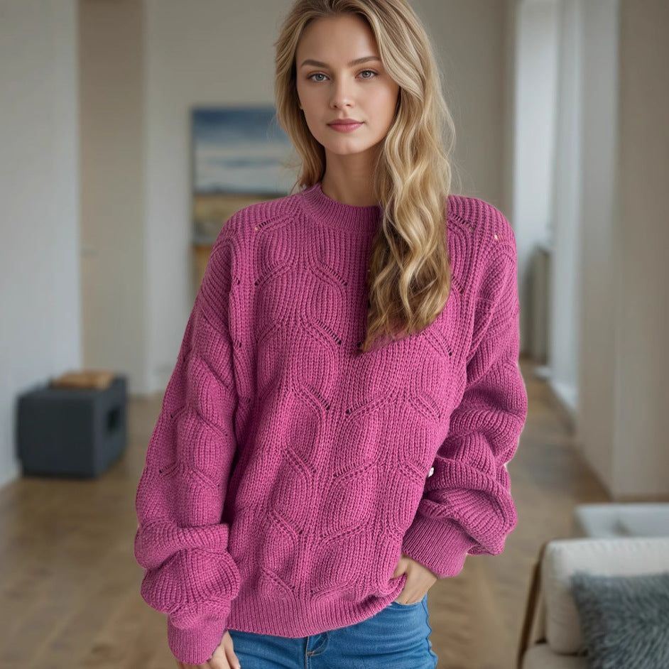 Damen Grobstrickpullover mit romantischem Zopfmuster und weit geschnittenen Ärmeln EB