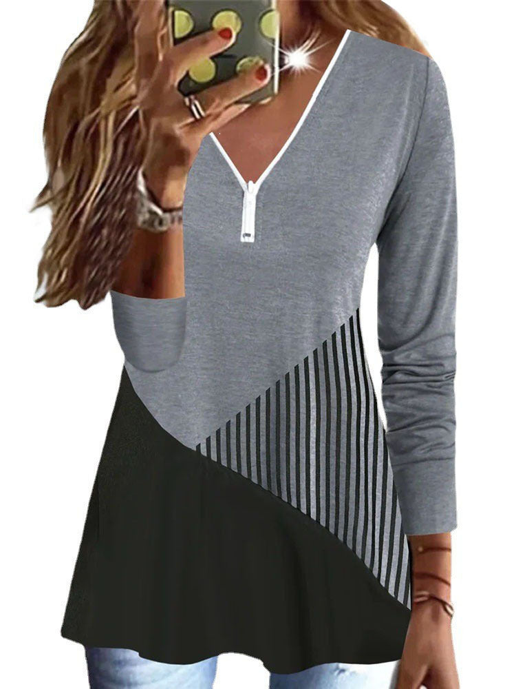 Damen Langärmeliges V-Ausschnitt Zip-Tunikaoberteil mit asymmetrischem Streifen‑Colorblock EB