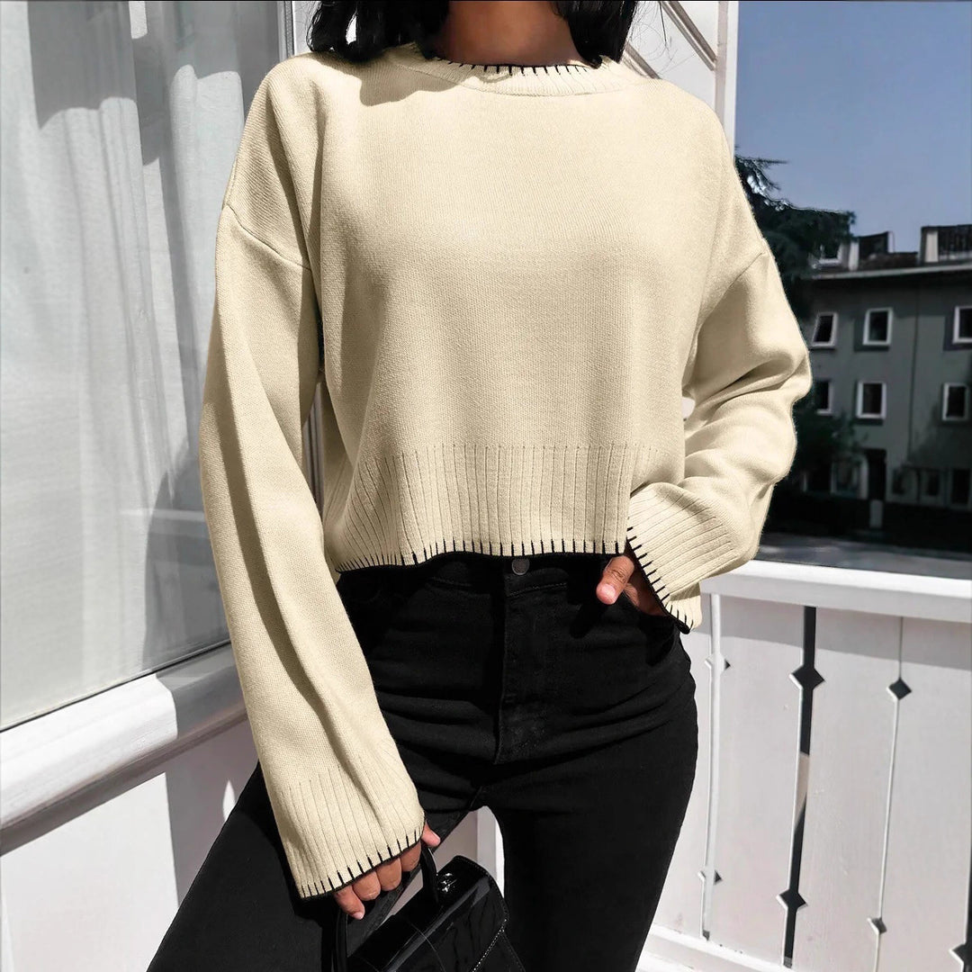 Damen lässiger Crop-Pullover mit strukturierten Säumen und Rundhalsausschnitt EB