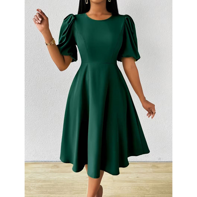 Damen Midi-Kleid mit Puffärmeln und schwingendem Saum EB