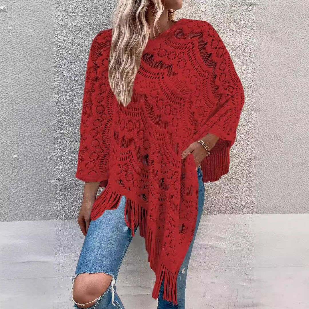 Damen Strickponcho mit kunstvollen Häkelmustern und Fransen EB