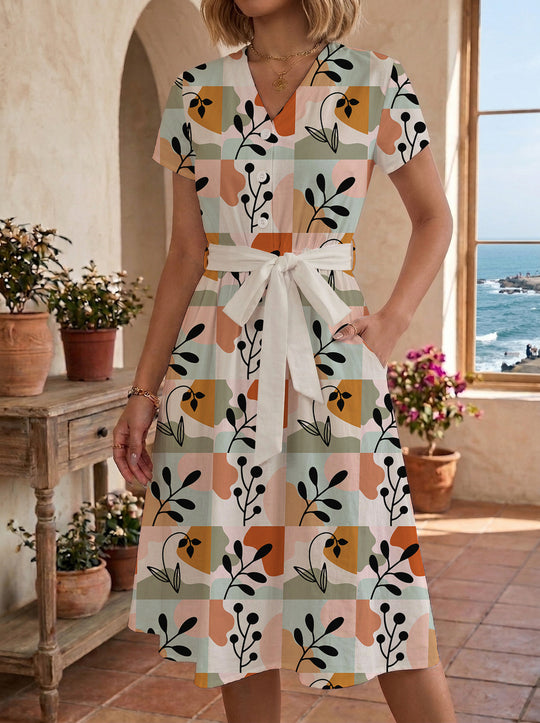 Damen Midikleid mit farbenfrohem Blumendesign und taillierbarem Bindegürtel EB