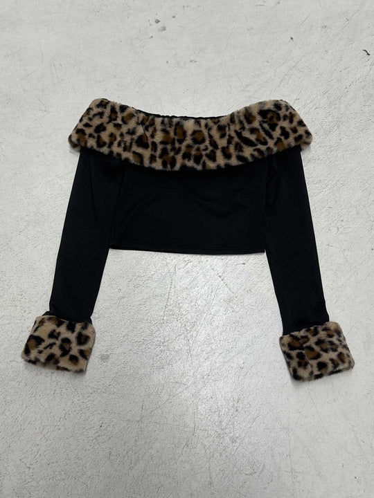 Damen nan schulterfreies Crop-Top mit kunstfellkragen und Manschetten im Leopardenmuster EB