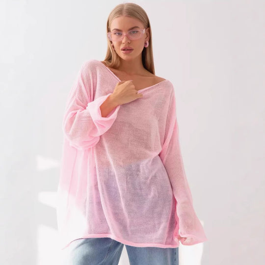 Damen luftige Strickbluse mit offenen Schultern und weiten Ärmeln EB