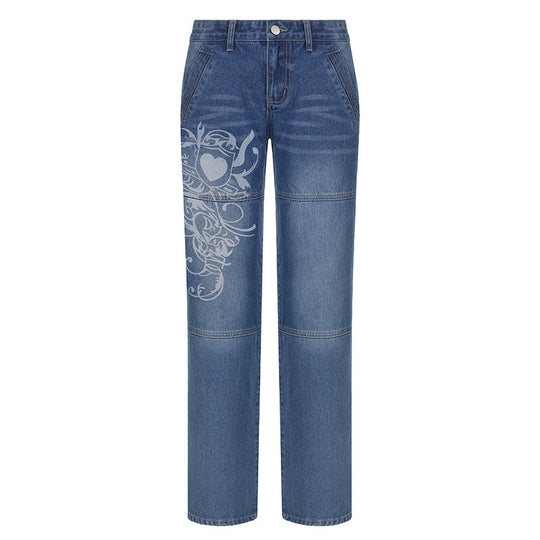 Damen weite Denim-Hose mit kunstvollem Druck EB