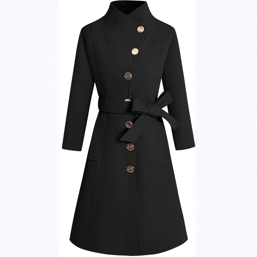 Damen eleganter Wrap-Mantel mit ausgefallenem Kragen und Gürtel EB