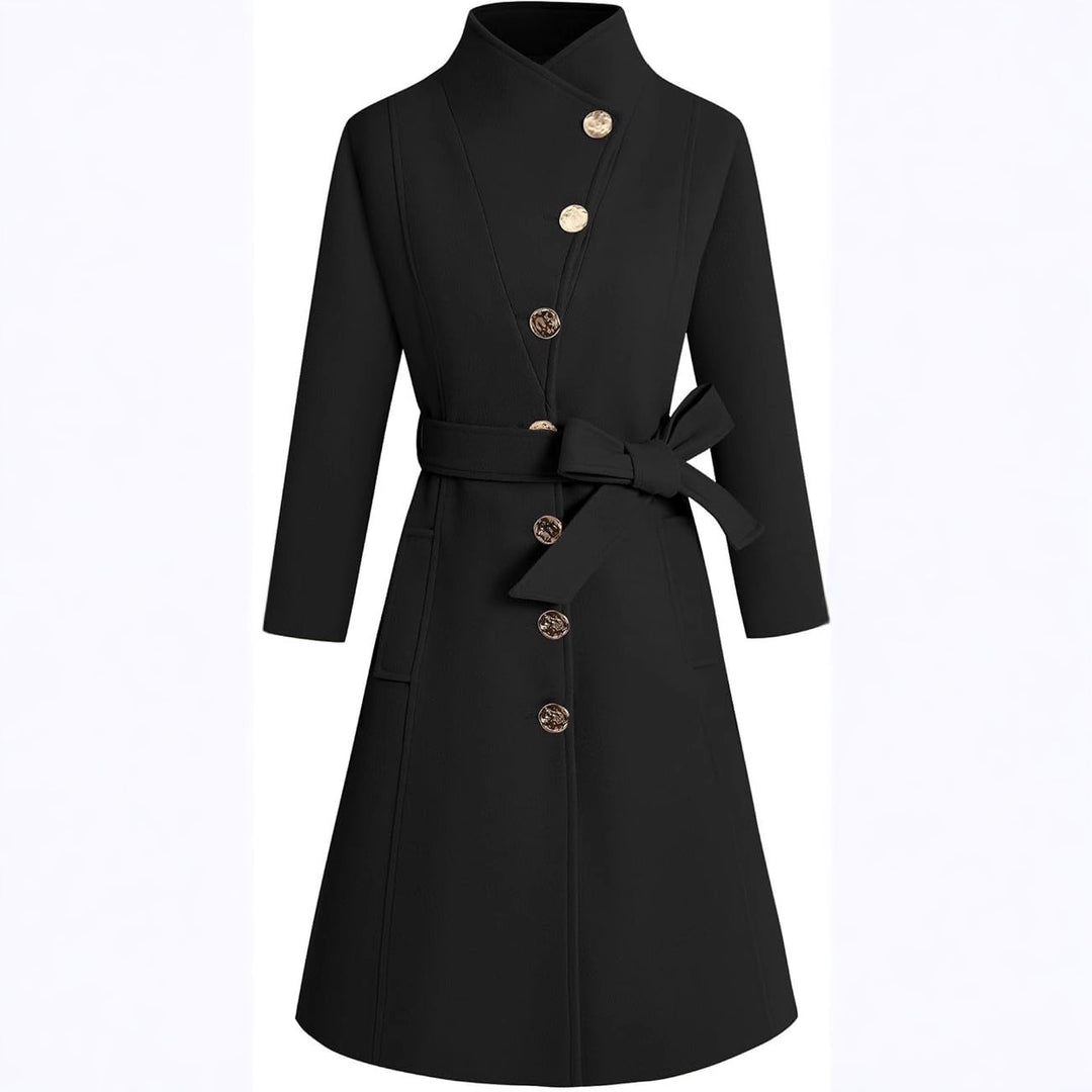 Damen eleganter Wrap-Mantel mit ausgefallenem Kragen und Gürtel EB