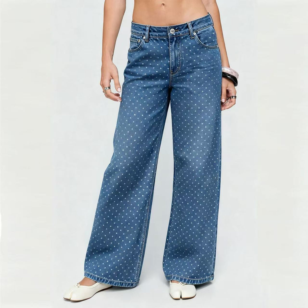 Damen nan hochgeschnittene weite Denimhose mit durchgehendem Punktmuster und klassischem Taschen-Design EB