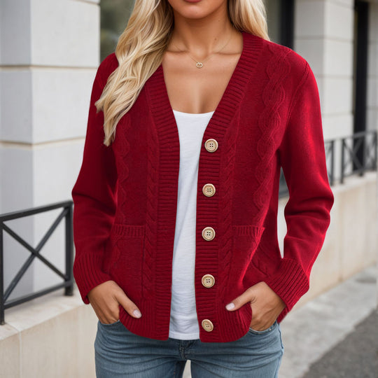 Damen nan längerer Strickcardigan mit Kabelstruktur, V-Ausschnitt und Holzknopfleiste EB