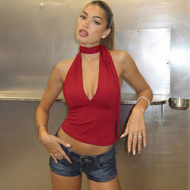 Damen Haltertop mit tiefem V-Ausschnitt und Schleifendetail EB