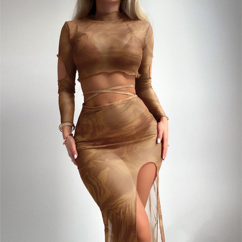 Damen Elegantes und transparentes Zweiteiler-Outfit mit hoch geschnittenem Rock EB