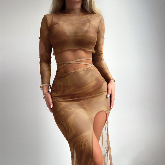 Damen Elegantes und transparentes Zweiteiler-Outfit mit hoch geschnittenem Rock EB