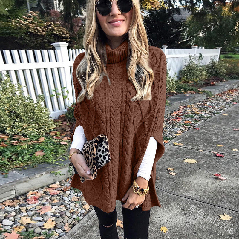 Damen nan kastiger Strickponcho mit hohem Rollkragen, Zopfstruktur und seitlichen Schlitzen EB
