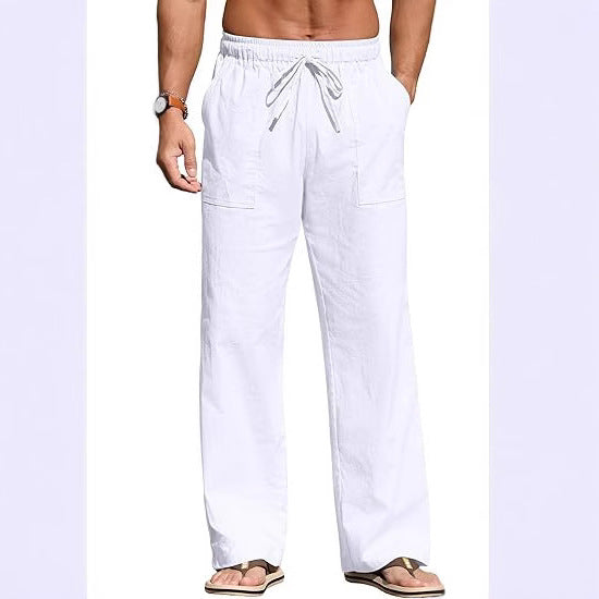 Herren nan leichte Leinenhose mit elastischem Bund, Kordelzug und aufgesetzten Taschen EB