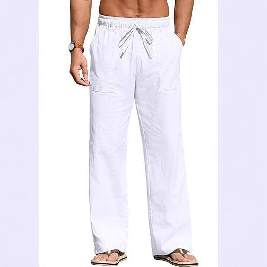 Herren nan leichte Leinenhose mit elastischem Bund, Kordelzug und aufgesetzten Taschen EB