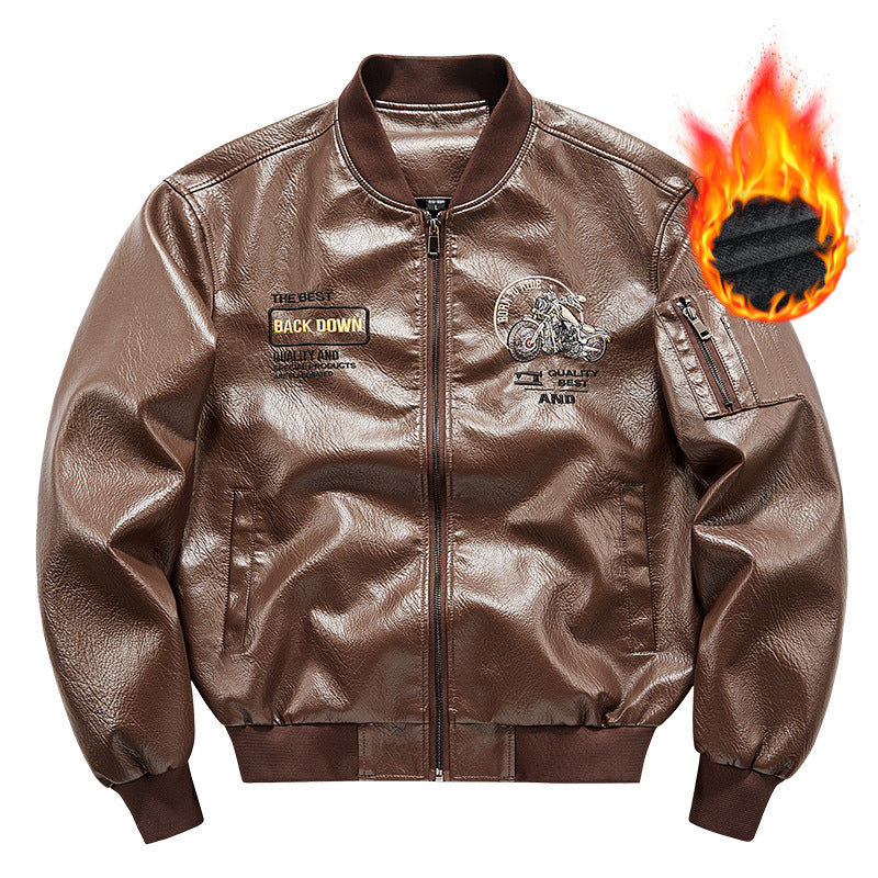 Herren Biker Lederimitat Bomberjacke mit Stickpatches und Ärmeltasche EB
