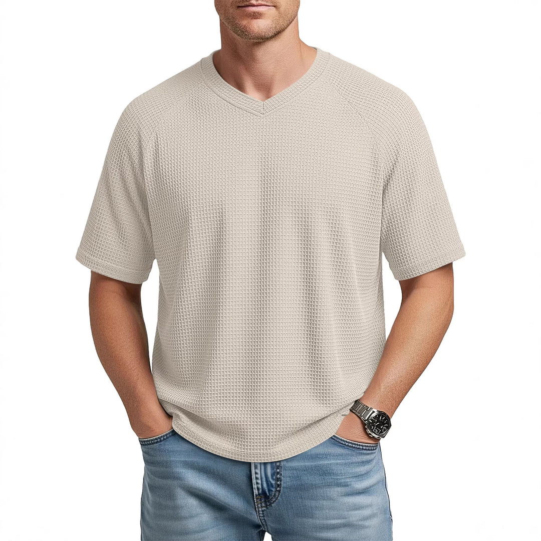 Herren nan lässiges V-Ausschnitt Waffelstrick-T-Shirt aus atmungsaktivem Baumwollmix EB