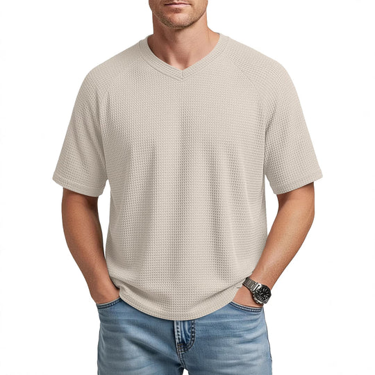 Herren nan lässiges V-Ausschnitt Waffelstrick-T-Shirt aus atmungsaktivem Baumwollmix EB