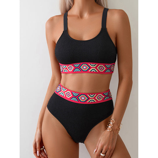 Damen Sportlicher Hochtaillen-Bikini mit buntem elastischen Bund EB