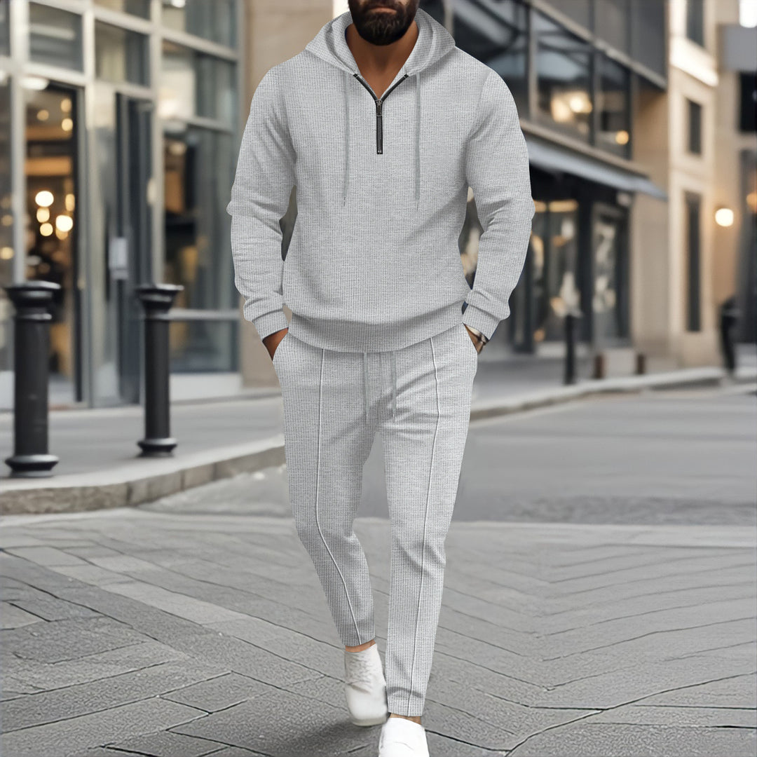 Herren nan strukturiertes Halbzip-Kapuzenloungewear-Set mit tapered Jogpants und Kordelzug EB