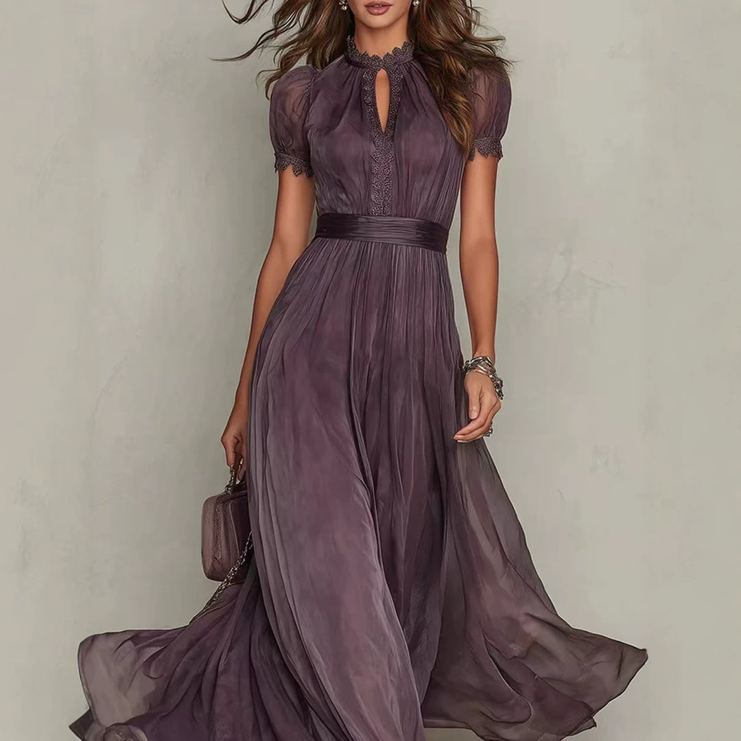 Damen nan langes Chiffon-Abendkleid mit Spitzen‑Stehkragen, Schlüsselöffnung und taillierter Schärpe EB