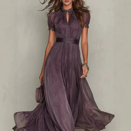 Damen nan langes Chiffon-Abendkleid mit Spitzen‑Stehkragen, Schlüsselöffnung und taillierter Schärpe EB