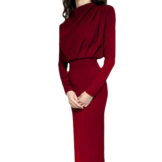Damen nan elegantes Midikleid mit Drapierter Wasserfall-Front, taillierter Bleistift-Silhouette und langen Ärmeln EB
