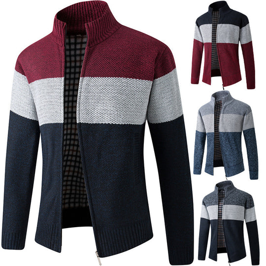 Herren Modische Strickjacke mit hohem Kragen und gestreiftem Design EB