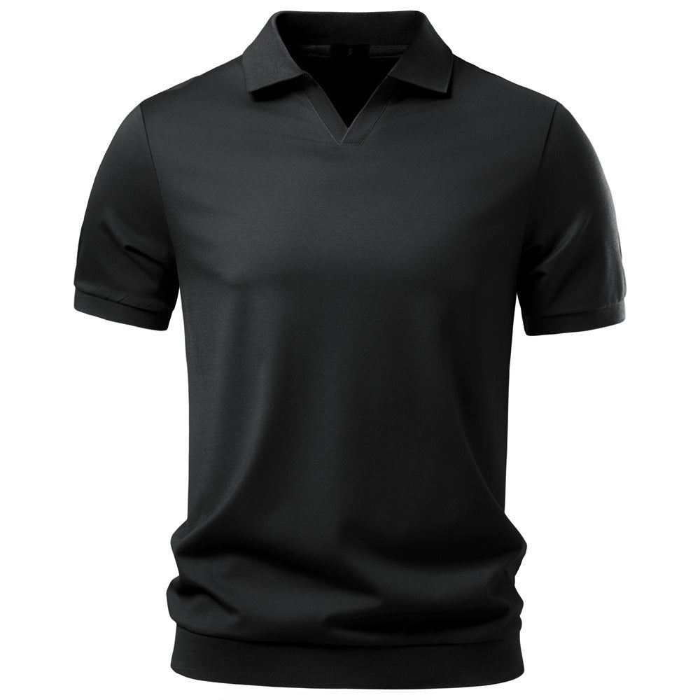 Herren nan feinstrickiges Kurzarm-Poloshirt mit offenem V-Kragen und elastischem Saum EB
