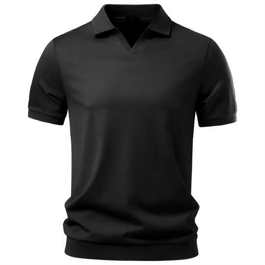 Herren nan feinstrickiges Kurzarm-Poloshirt mit offenem V-Kragen und elastischem Saum EB