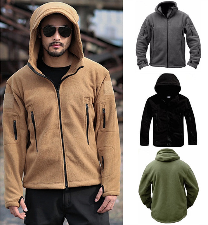 Herren Fleecejacke mit mehrfachen Taschen und verstellbarem Kapuzenkragen EB