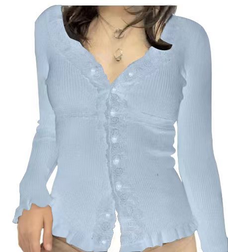 Damen Strickoberteil mit romantischem Spitzenbesatz und Rüschendetails EB