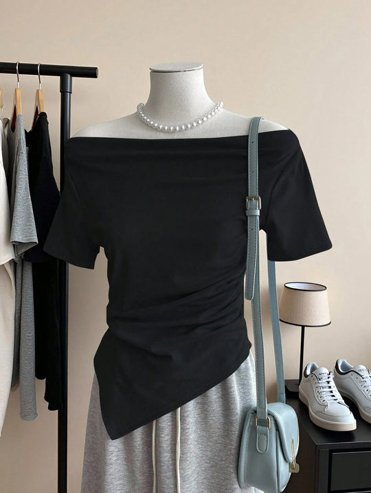 Damen Off-Shoulder T-Shirt mit Raffung EB