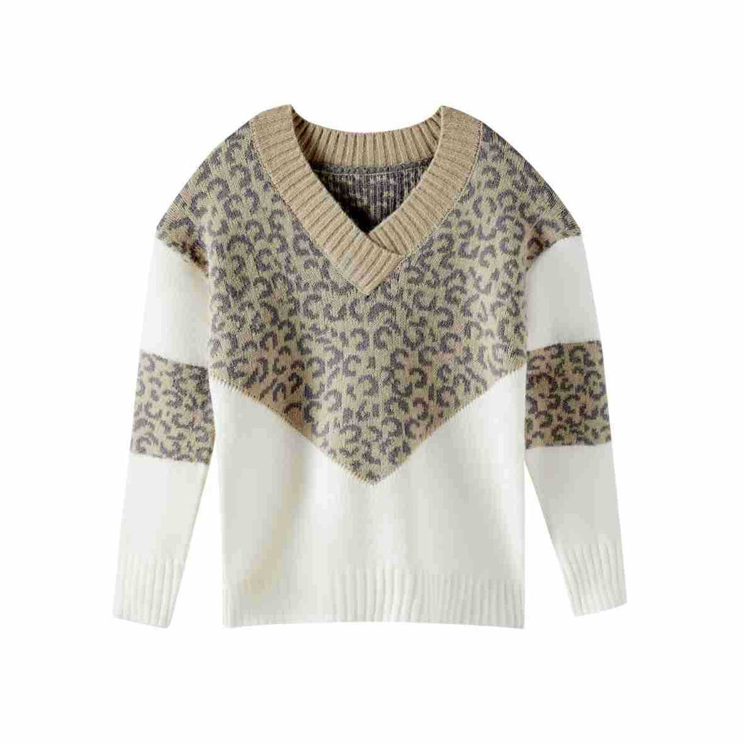Damen modischer Pullover mit außergewöhnlichem Leopardenmuster und V-Ausschnitt EB