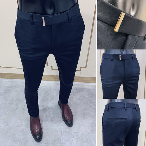 Herren nan schmale elegante Anzughose mit dezenter Goldschließe und Bügelfalte EB