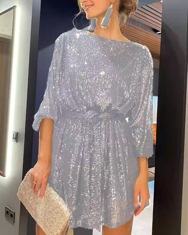 Damen Glitzerndes Minikleid mit langen Ärmeln und schimmerndem Oberstoff EB